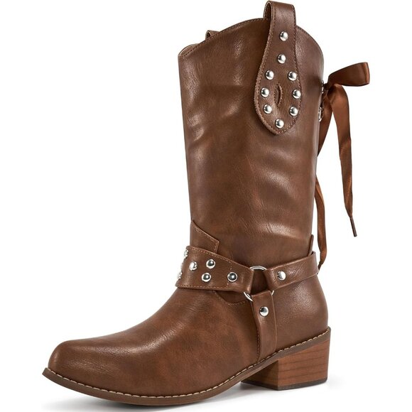 Shoes - Women's Brown Western Leather Mid Calf Fashion Chunky Cowgirl Pointed Toe Boot